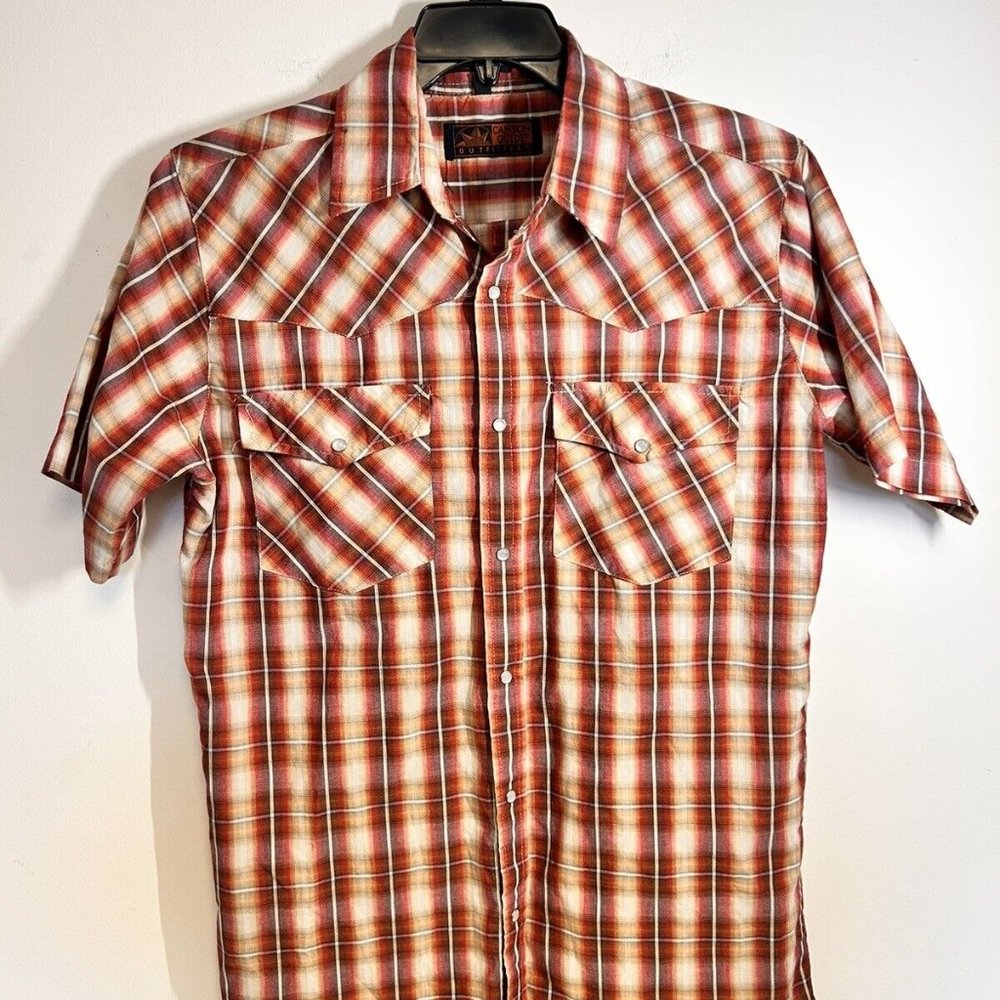 Mens Medium Pearl Snap Canyon Guide Plaid button down short sleeve shirt Western